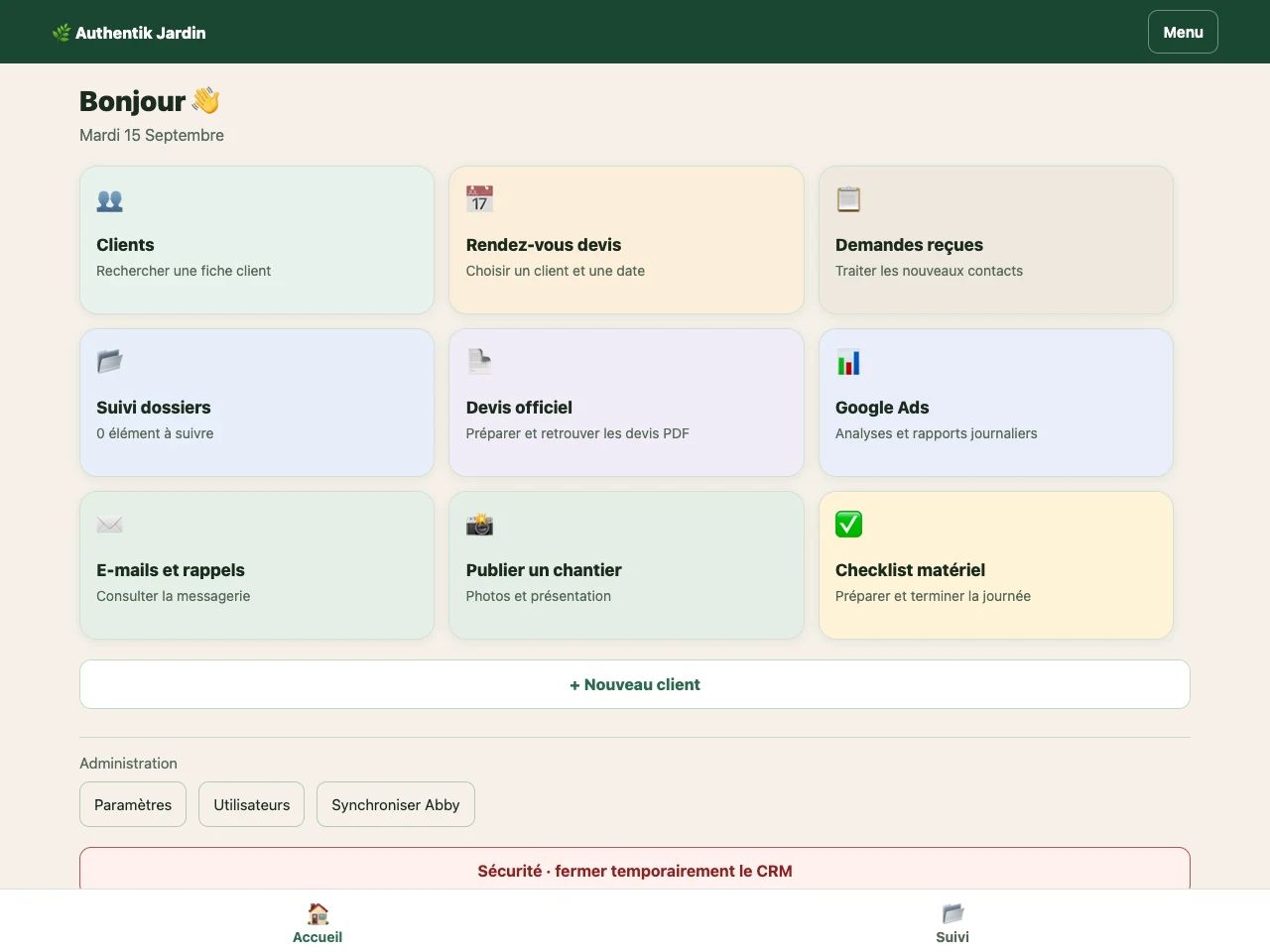 Interface du CRM Authentik Jardin, sans données clients