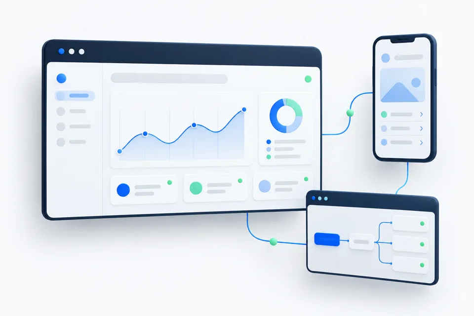 Illustration d’un site, d’une application mobile et d’un outil métier connectés